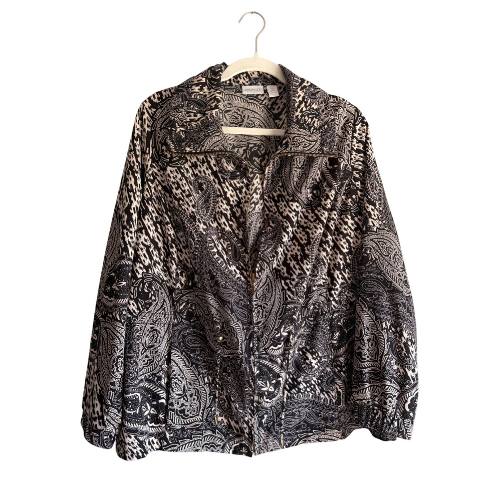 Zenergy by Chicos Black White Paisley Zip Up Jacket Drawstring Waist Womens 2 L
